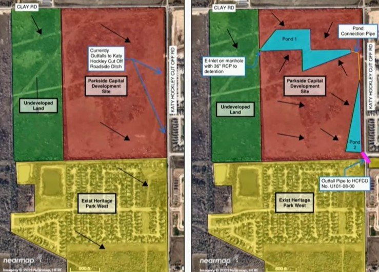 The map on the left above shows the current drainage pattern for the property where Katy Court, situated just north of the Heritage Park West subdivision, will be built. The map on the right shows proposed retention ponds and other drainage improvements. The pink bar on the righthand side is a pipeline that would cut across Katy Hockley Cut Off Road into Harris County drainage infrastructure to ensure Katy Court does not cause drainage concerns for Heritage Park West. The portion south of the pond at the top would be residential space while the portion to the north will be light commercial space.